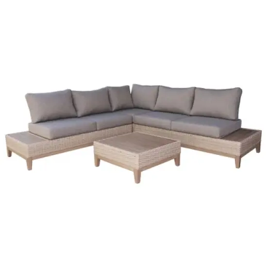 Outdoor Interiors Antique Stained Eucalyptus and Light Beige Wicker Contemporary Sectional Patio Furniture Set, 4 Piece image {5}