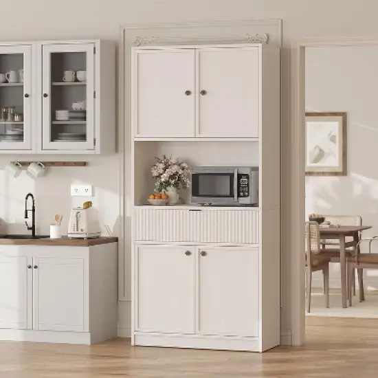 70" Fluted Pantry Cabinet - Storage w/ Countertop, Doors & Drawer for Kitchen & Dining Room image {8}