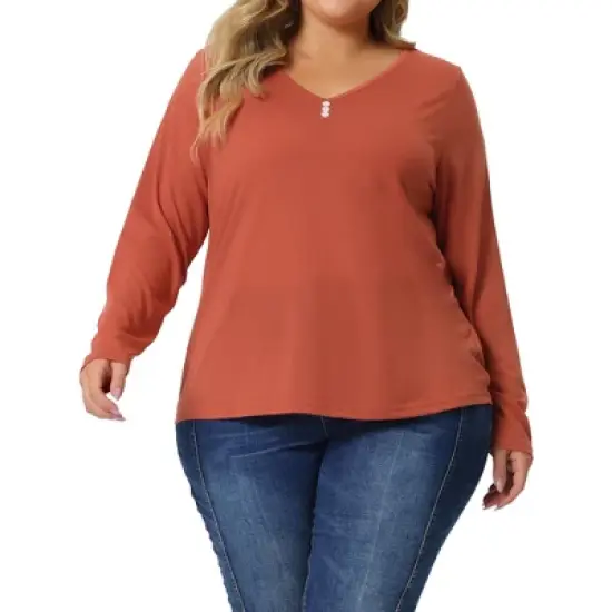 Agnes Orinda Women's Plus Size Long Sleeve V Neck Button Front Casual T-shirt image {1}