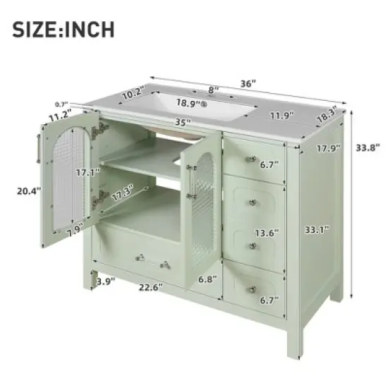 ModernLuxe 36'' Green Bathroom Vanity with Waffle Texture Glass Doors, 4 Drawers & Soft-Closing Doors, Freestanding Bathroom Storage image {2}