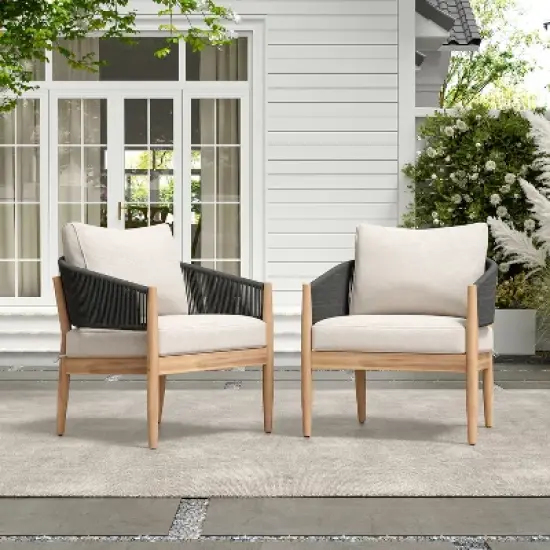 Christopher Knight Home Ryoma Modern Patio Acacia Wood Woven Rope Club Chair with Cushions (Set of 2) image {1}