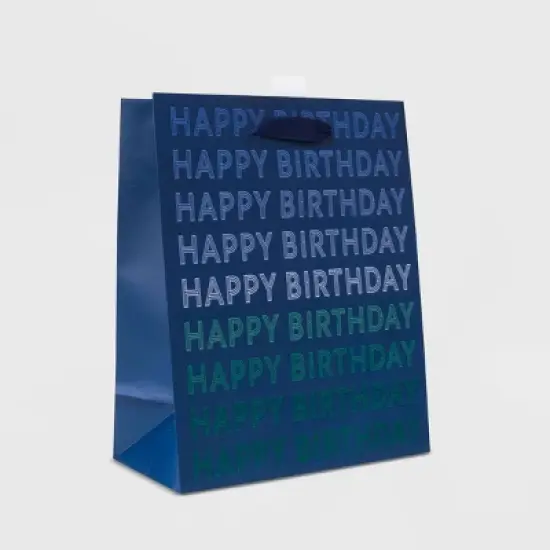 Cub 'Happy Birthday' Bag Navy - Spritz&trade;: Blue Paper Gift Bag, 9.75" H x 7.75" W x 4" D, Typography Pattern image {1}