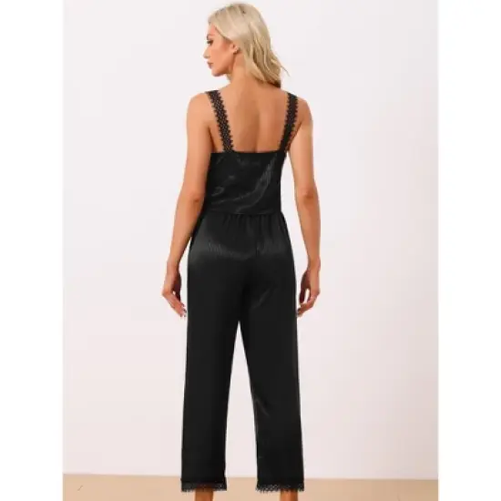 cheibear Women's Satin Lace Trim Cami with Long Pant 2 Pieces Pajama Set image {2}