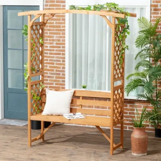 Outsunny Patio Garden Bench Arbor Arch with Pergola and 2 Trellises, 3 Seat Natural Wooden Outdoor Bench for Grape Vines & Climbing Plants image {2}