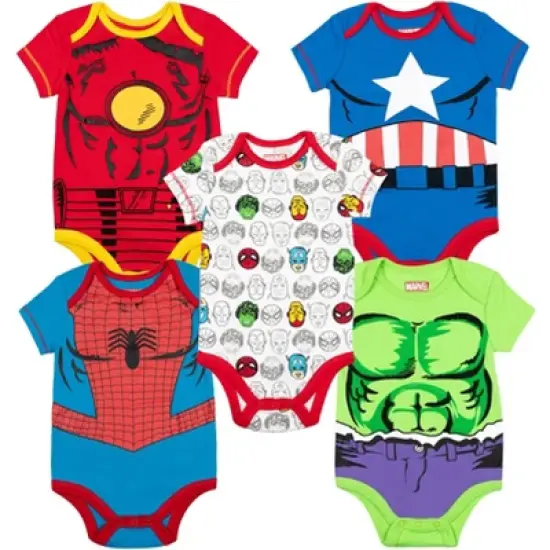 Marvel Avengers Hulk Captain America Iron Man Baby 5 Pack Bodysuits Newborn to Infant image {13}