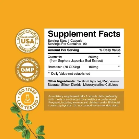 Quercetin with Bromelain Advanced Complex Capsule, High Potent Supplement for Immunity, Respiratory, Heart & Overall Health, Nature's Craft, 90ct image {2}