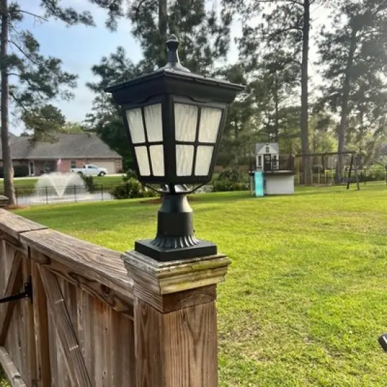 18 in. Black Outdoor Frozen Ice Glass Solar Post Light with Pier Mount Base image {1}