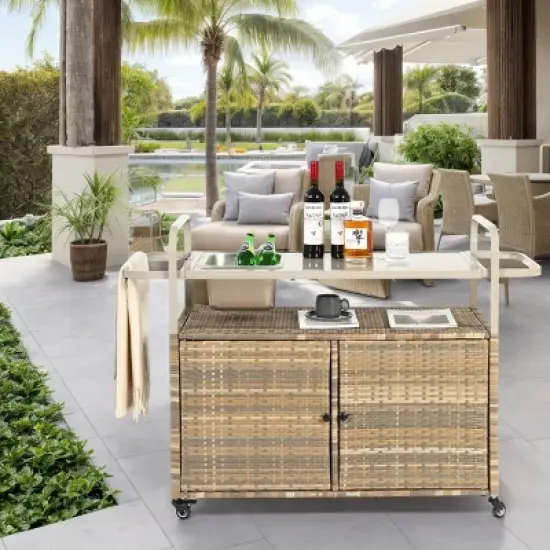 Outdoor Bar Table With One Ice Bucket, Lockable Wheels, Side Basket For Garden, Wicker Bar Cart With Cabinet, Bar Cart Outdoor-Cuddlewood image {7}