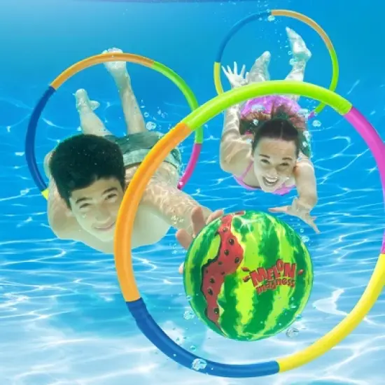 Banzai Melon Madness Pool Challenge Underwater Water-Filled Ball with 3 22" Diameter Target Hoops, Garden Hose Adapter, and Underwater Ball image {1}