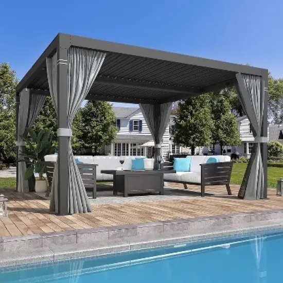 Erommy 10' x 10' Outdoor Louvered Pergola with Adjustable Aluminum Rainproof Roof with Curtains and Netting image {7}