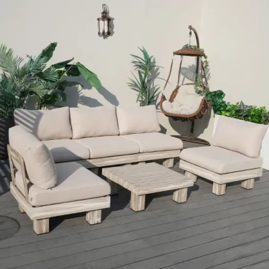 Moda Furnishings 5-Person Outdoor Patio Aluminum Wood Grain Sectional Seating Group With Beige Cushions image {10}