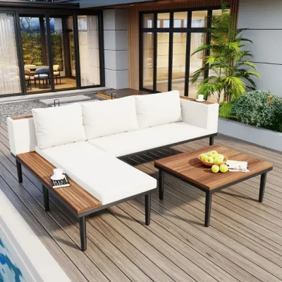Outdoor Sectional Sofa Set with Removable Cushions, L Shaped Acacia Wood Patio Furniture Set, Conversation Sofa Set with Coffee Table-Koiai image {7}