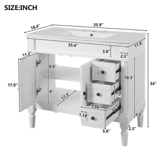 36" Bathroom Vanity with Ceramic Sink, 2 Soft Close Doors, 3 Drawers, Adjustable Shelf, Solid Wood Frame, Freestanding Storage Cabinet image {7}