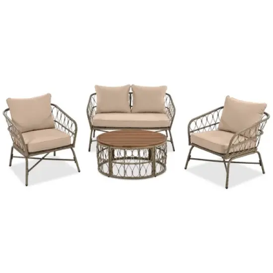 4pcs Outdoor Seating Group, Patio Conversation Set With Removable Cushions, Wood Tabletop, Beige -ModernLuxe image {6}