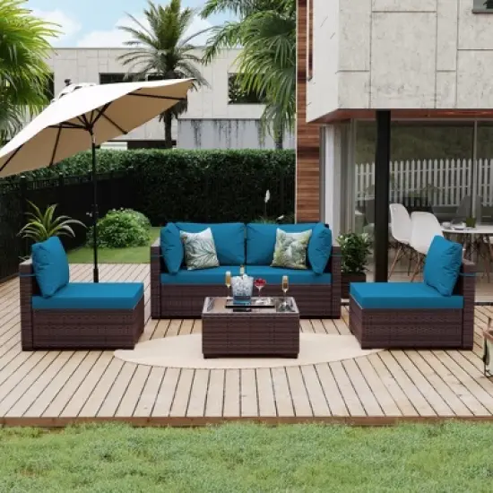 UPHA 5-Piece Rattan Patio Sofa Conversation Set with Cushions image {11}