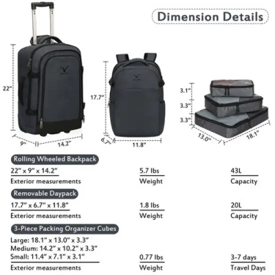 Hynes Eagle 63L Rolling Backpack x 3-Piece Packing Cube Set &ndash; 3-in-1 Travel Luggage with USB Port image {2}
