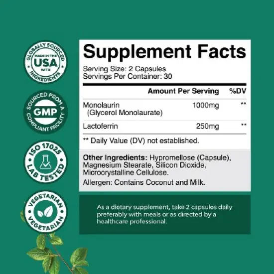 High Strength Lactoferrin & Monolaurin Supplement, Microbiome Digestive Health Immune Support Supplement, 1000mg Capsules, Nature's Craft, 60ct image {1}