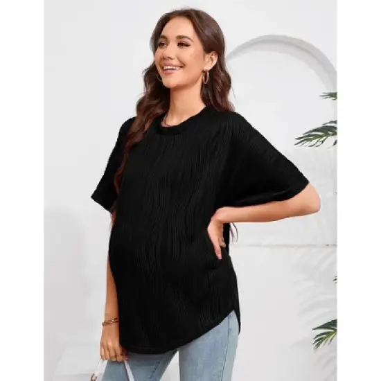 Womens Maternity Shirts Summer Ribbed knit Short Sleeve Casual Pregnancy Clothes Crewneck Loose Maternity Tops image {1}