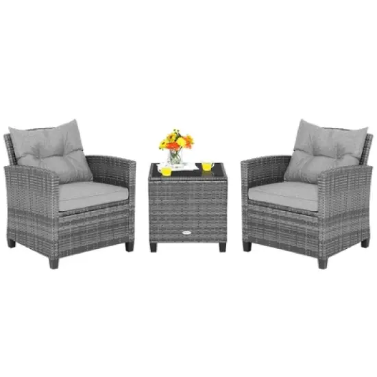 Costway 3PCS Patio Rattan Furniture Bistro Set  Cushioned Sofas Side Table Armrest Grey image {3}