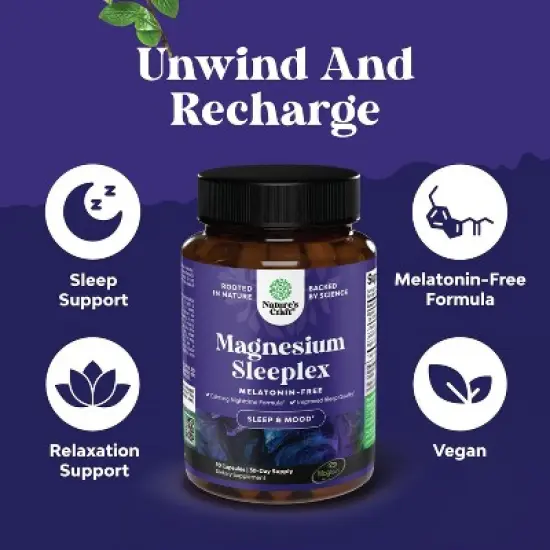 Magnesium Sleeplex Capsules, High Absorption Supplement with Magnesium Threonate, L-Theanine & Apigenin for Calming Sleep, Nature's Craft, 90ct image {1}