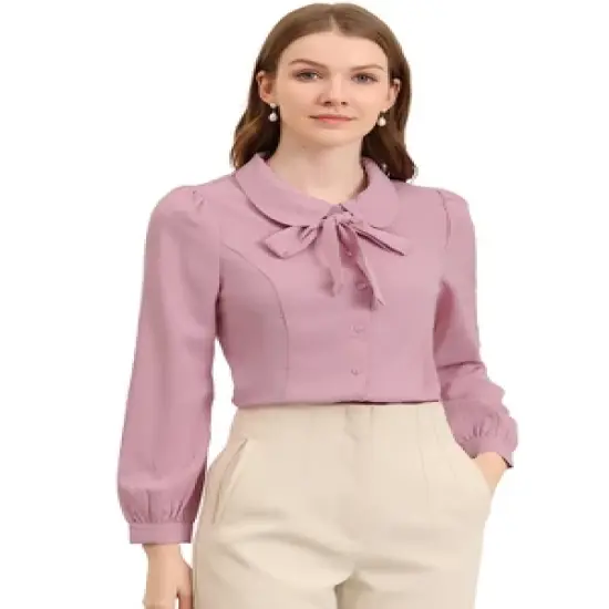 Allegra K Women's Peter Pan Collar Chiffon Bow Tie Neck Puff Sleeve Button Up Shirt image {13}