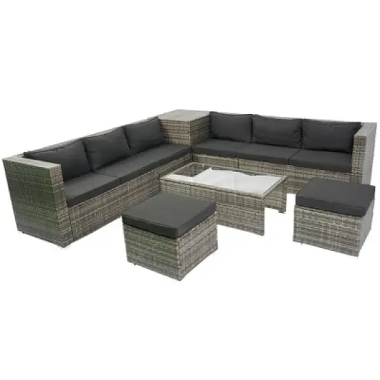 Whisen 8-Piece Wicker Rattan Patio Sectional Set with Storage Box, Cushion Box & Clear Glass Top image {6}