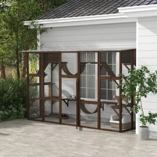PawHut Catio Playground Outdoor Cat Enclosure, Wooden Outdoor Cat House Weatherproof for Multiple Cats, Shelves & Bridges image {2}