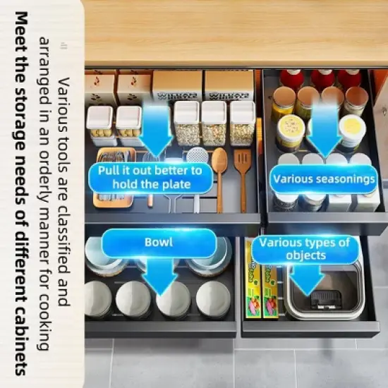 Expandable Carbon Steel Pull Out Cabinet Organizer, Slide Out Drawer with Adhesive for Kitchen, Pantry, Bathroom Vanity image {2}