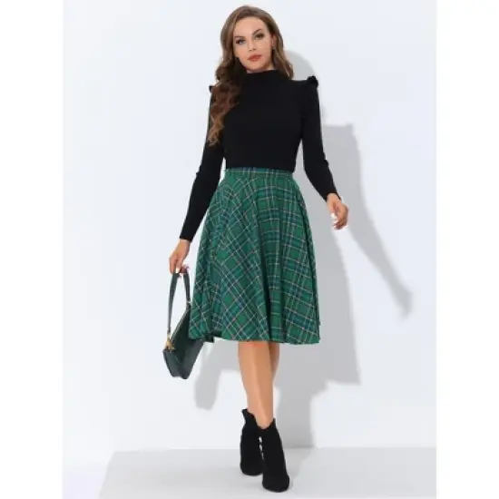 Allegra K Women's Plaid Tartan Skirt High Elastic Waist A-Line Vintage Flare Skirt image {2}