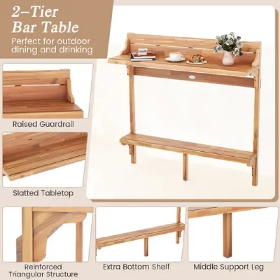 Tangkula 6 PCS Acacia Wood Balcony Table Set w/ Shelf Footrest Curved Wood Seat image {6}