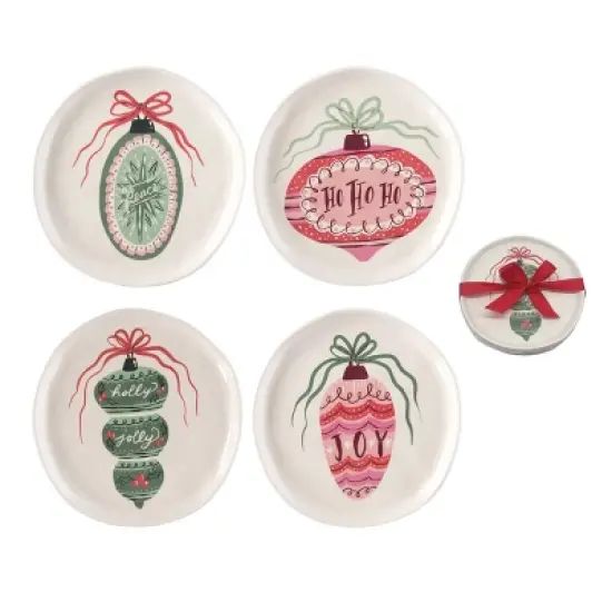 Transpac Dolomite Multicolor Ornament Appetizer Plates Set of 4 Ceramic Dining Plates for Christmas Indoor Use image {1}