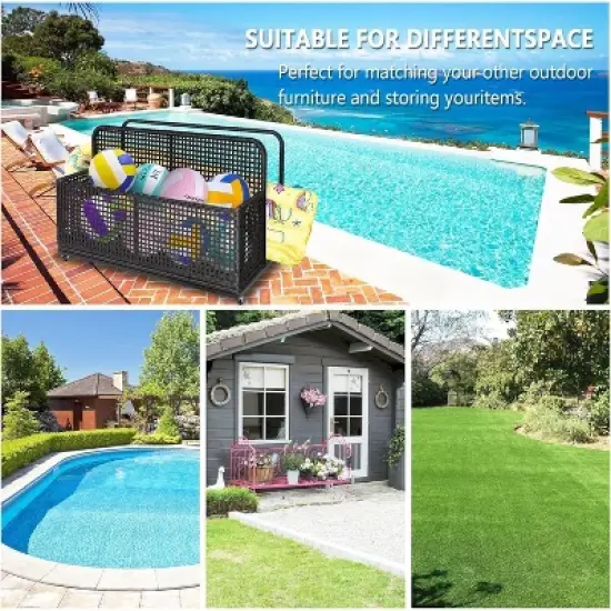 Waterproof Wicker Pool Float Storage Basket with Rolling Wheels, Large Outdoor Organizer, Patio Deck Box for Backyard and Poolside Use image {4}