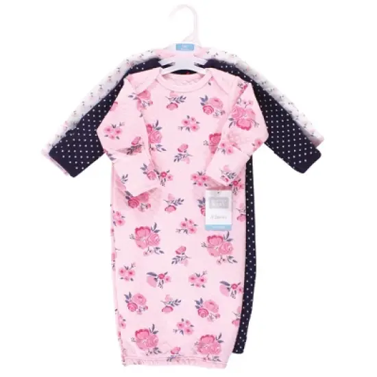 Hudson Baby Infant Girl Quilted Cotton Long-Sleeve Gowns 3pk, Pink Navy Floral, 0-6 Months image {1}