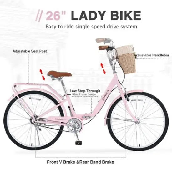 NAYSAYE 26 Inch Single Speed Folding Lady Bike Durable Steel Frame for Easy Storage and Commuting, Pink, 66.93"*25.2"*40.95" image {4}