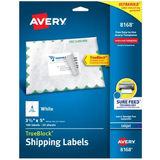 Avery TrueBlock Shipping Labels, Sure Feed Technology, Permanent Adhesive, 3-1/2" x 5", 100 Labels (8168) image {9}