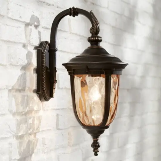 John Timberland Bellagio Vintage Rustic Outdoor Wall Light Fixture Bronze Downbridge 16 1/2" Champagne Hammered Glass for Post Exterior Barn Deck Yard image {1}