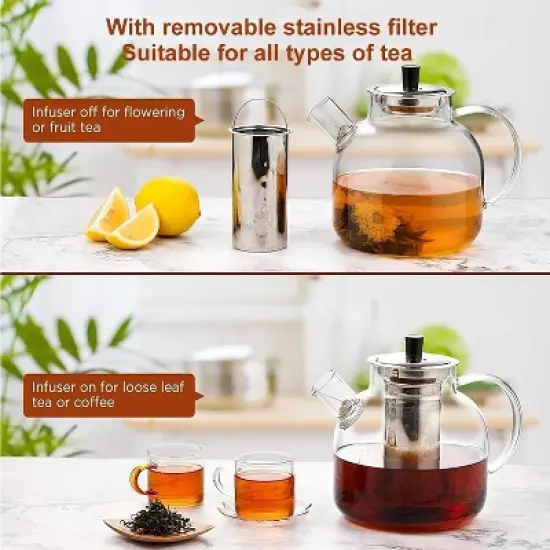 Itopfox Glass Teapot with Removable Infuser, Stovetop Safe Large Tea Pot for Blooming & Loose Leaf, Hand Crafted Kettle with Stainless Steel Strainer image {2}