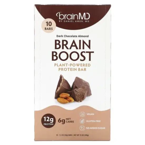 BrainMD Brain Boost, Plant-Powered Protein Bar, Dark Chocolate Almond, 10 Bars, 1.5 oz (50 g) Each image {3}