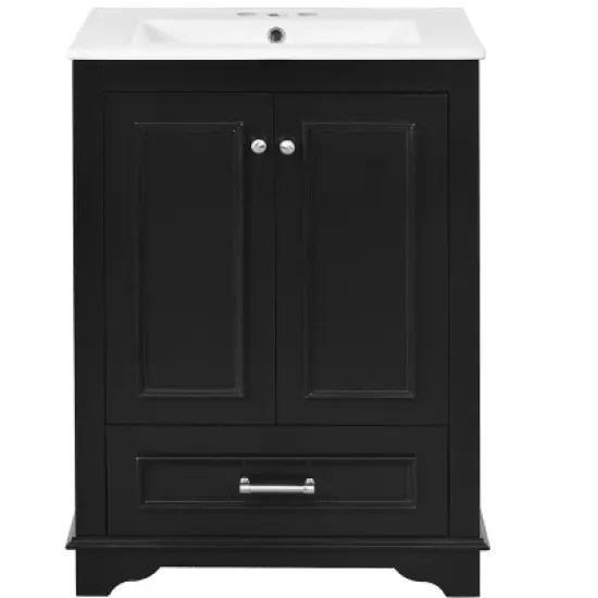 24" Bathroom Vanity with Ceramic Sink, Modern Freestanding Storage Cabinet with Silver Handles & Soft Closing Doors - ModernLuxe image {6}