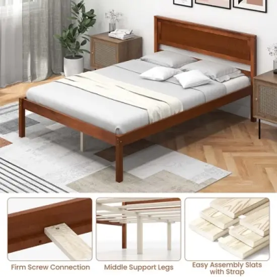 Costway Full/Queen/Twin Size Wooden Platform Bed Frame with Headboard Mattress Foundation Walnut image {7}