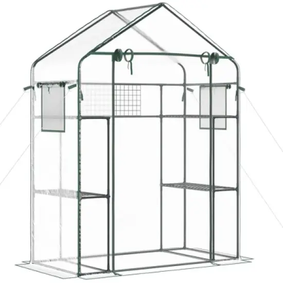 Outsunny 56" x 29" x 77" Walk-in Greenhouse Kit, Portable Green House with 3 Tier Shleves, Roll-Up Door, PE Cover for Backyard Garden image {6}