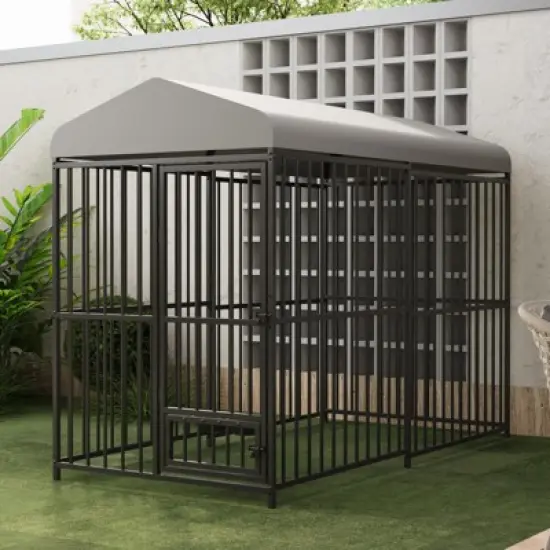 4X4x6FT Large Outdoor Dog Kennel, Heavy Duty Metal Dog Cage with Waterproof Roof, Rotating Feeding Bowl and Lock, for All Dog Breeds image {10}