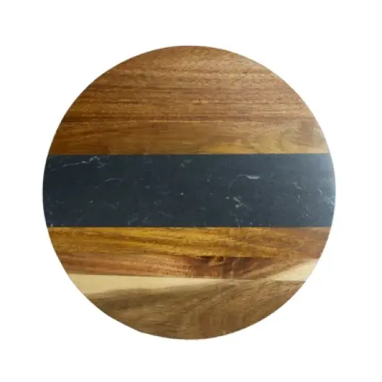 Slickblue Marble & Acacia Wood Round Board, 11&rdquo; - White/Black Stripe Design for Charcuterie & Prep image {2}