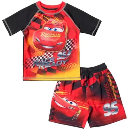 Disney Pixar Cars Lightning McQueen Rash Guard and Swim Trunks Outfit Set Little Kid image {8}