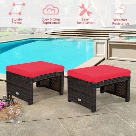 Costway 2PCS Patio Rattan Ottoman Cushioned Seat Foot Rest Furniture Turquoise\Red\White image {5}