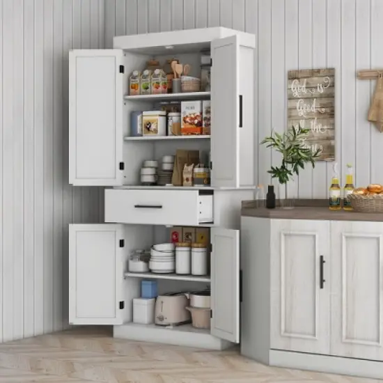 Gulches Farmhouse 72" Tall Freestanding Kitchen Pantry Cabinet - 4 Barn Doors, Drawer, 5-Tier & Adjustable Shelves, White 30"W x15.8"D x72"H image {1}