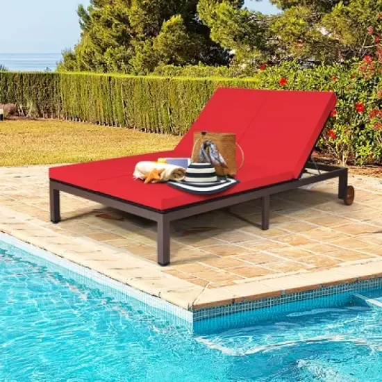 Tangkula Adjustable Patio Rattan 2 Person Recliner Lounge Chair w/ Red Cushion Wheel image {3}
