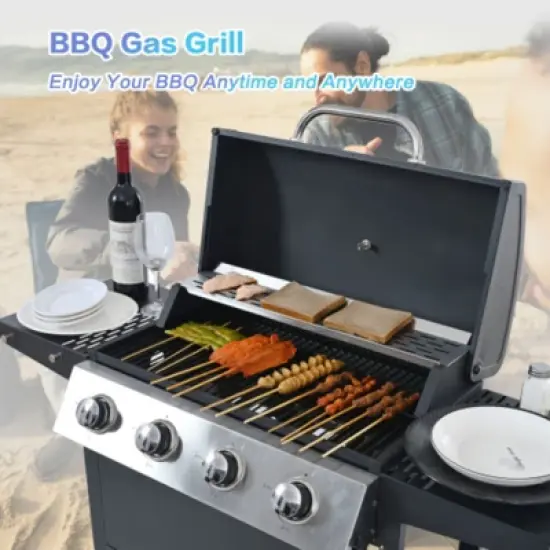 SEVOBAL Outdoor Grills, Griddles and Smokers 4 Burner Propane Gas Grill, BTU Outdoor BBQ with Foldable Side Tables, Black, 27.2"*18.1"*15" image {4}