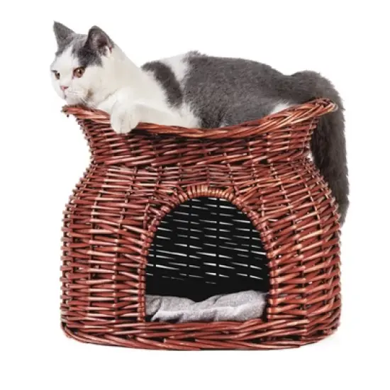 2 Tiers Handwoven Rattan Elevated Cat Bed Raised Wicker Pet Basket Indoor with 2x Soft Cushion image {10}