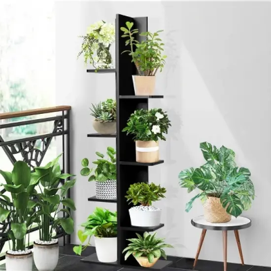 Costway Open Concept Bookcase Plant Display Shelf Rack Holder Wood Walnut\Brown image {4}